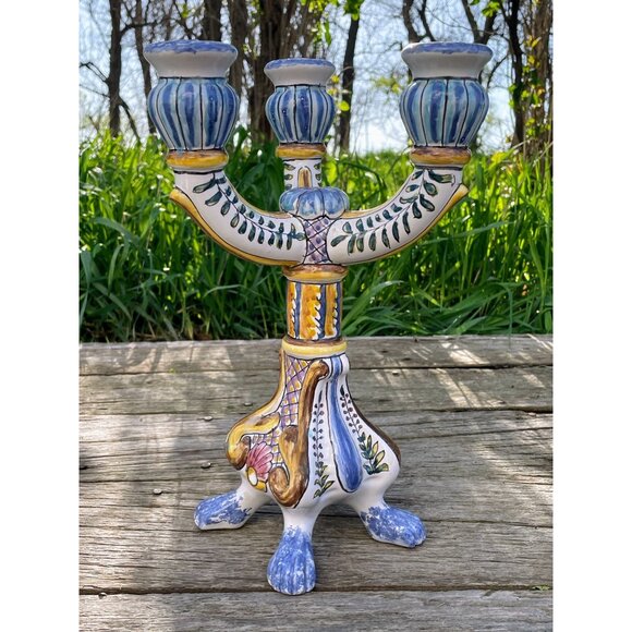 Vintage Hand Painted Portugal 3 Arm Candelabra Candle Stick Holder - Picture 10 of 16